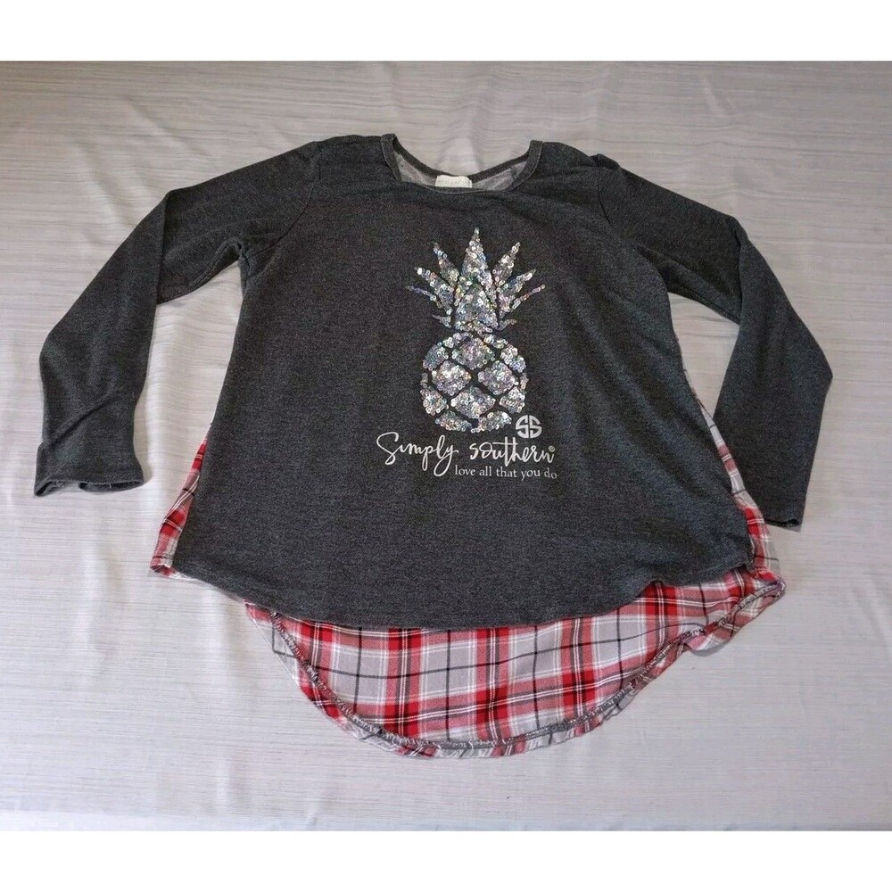 Simply Southern Women's Medium Sequin Pineapple Love All That You Do Shirt Plaid